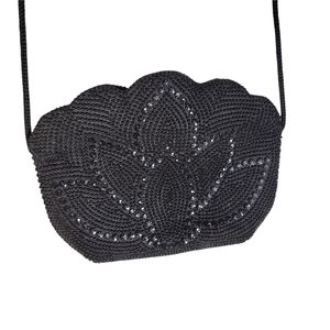 Black beaded bejeweled lotus shoulder Jet bag
